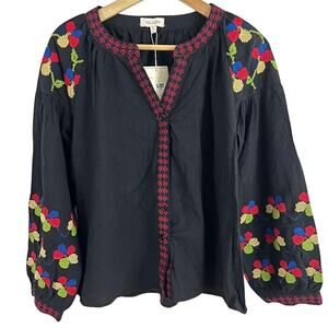 Velzera Embroidered Black Button Front Top Women Size Small NEW